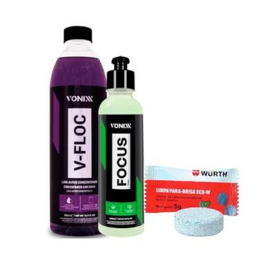 Imagem de Kit Focus 240ml Polidor Removedor Chuva Acida + Shampoo Automotivo V-floc 500ml + Pastilha Para-brisa Vonixx