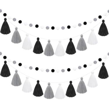 Imagem de 4 peças de feltro Cardi Gras de Cottoon Guirlanda de borla colorida com pompom, banner decorativo para decoração de festa de Natal de Mardi Gras, decoração interna e externa (cores frescas)