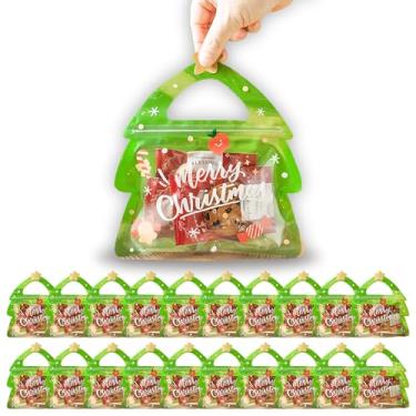 Imagem de AOKELEON 20 unidades de sacos de guloseimas de Natal para árvore de Natal, sacos de plástico para presente de doces com alça ziplock resselável com fundo de pé para decoração de materiais de embrulho
