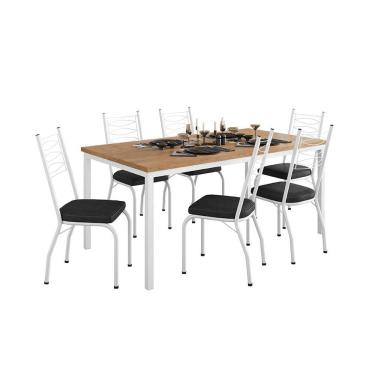 Imagem de Conjunto de Mesa Retangular com Tampo de MDP Amadeirado e 6 Cadeiras Adriana Revestimento Sintético Preto e Branco