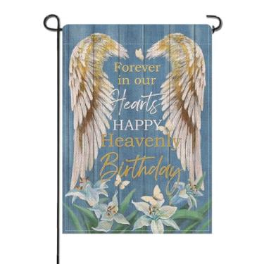 Imagem de Artofy Memorial Forever in Our Hearts Wings Small Decorative Garden Flag, Happy Heavenly Birthday Lily Cemetery Yard Lawn Outside Decor, Farmhouse Burlap Outdoor Home Decoration Dupla Face 12 x 18
