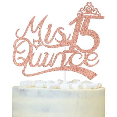 Imagem de Rose Gold Glitter Mis Quince 15 Cake Topper, 15th Birthday Cake Decor, Mis Años 15/Hello 15, Happy 15th Birthday Anniversary Party Decorations Supplies for Teen Girls