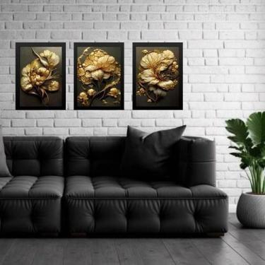 Imagem de Kit 3 Quadros Gravuras Flores Douradas 24X18Cm - Com Vidro - Quadros O