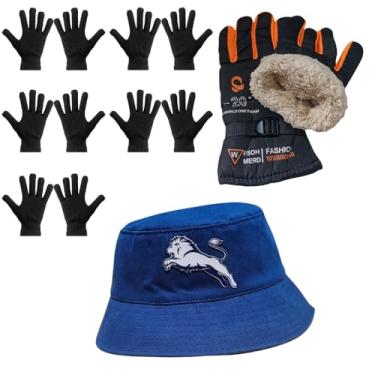 Imagem de Luva Básica, Luva de Moto Forrada, Chapeu Bucket - Kit's (5 Luva Preta + 1 Luva de Moto Laranja + 1 Chapeu Azul)