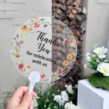 Imagem de Geelin 50 peças de fãs de casamento de flores silvestres a granel para convidados acrílico transparente chá de panela lembrancinha de mão fãs verão quente cerimônia ao ar livre casamento presente de