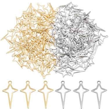 Imagem de DICOSMETIC 160 peças, pingente de estrela de 2 cores, pingentes de aço inoxidável, pingentes de estrela de quatro pontas, pingente celestial de metal oco para joias, brincos, colares, orifício: 1,2 mm