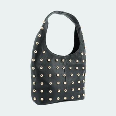 Imagem de Bolsa de Ombro em Couro Legítimo com Ilhós - BAUARTE, Preto