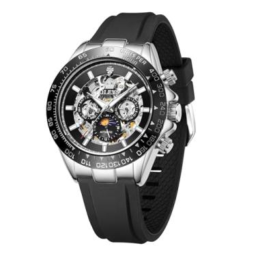 Imagem de OLEVS Relógio masculino prata esqueleto automático automático mecânico à prova d'água luminoso dia-semana fase lua pulseira de silicone preto Wirst relógios, 6713: prata-preto
