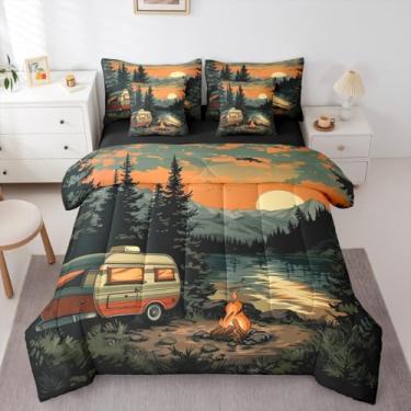 Imagem de Erosebridal Jogo de cama com estampa de 7 peças, conjunto de 7 peças, conjunto de edredom com desenho animado de montanhas do rio e floresta em um saco, vermelho natural e preto
