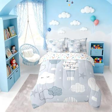 Imagem de Conjunto de edredom casal com balão de ar quente, céu estrelado com desenho animado de nuvem, decoração moderna pintada à mão para crianças de todas as estações, branco e azul (com elástico + lençol +