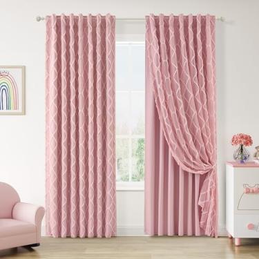 Imagem de Cortinas de camada dupla 100% blackout rosa para quarto de meninas, sala de estar, 203 cm de comprimento, conjunto de 2 painéis com sobreposição transparente moderna com aba traseira com isolamento