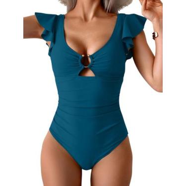 Imagem de Maiô feminino de uma peça para controle de barriga, com babados, azul 