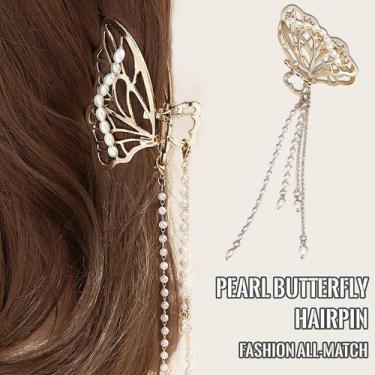Imagem de Pearl Catch Clip Grampo de cabelo borboleta Pingente de borla Grampo d