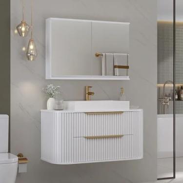 Imagem de Gabinete de Banheiro Ripado 100cm C/Curvo Cuba e Espelheira (Branco)