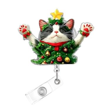 Imagem de Carretel de crachá de Natal, crachá de acrílico de gato fofo para crachá de identificação, porta-crachá retrátil telescópico de sinos de estrela, acessórios de clipe de jacaré para enfermeiras