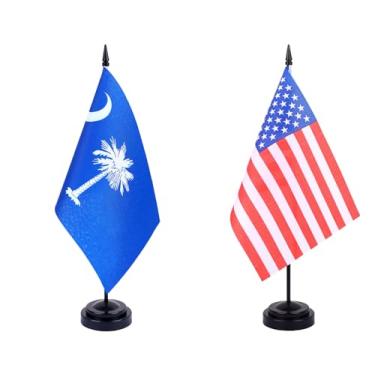 Imagem de JBSJBS EUA South Carolina Desk Flag 30.5 cm Solid Pole Deluxe Set US South Carolina Flags Banner Mini Pequenas Bandeiras de Mesa de Escritório do Estado Americano com Base de Suporte Preto Decorações