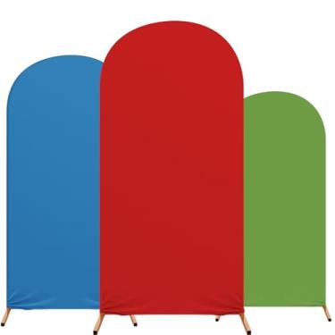 Imagem de Tingjoo Decoração de festa de aniversário, conjunto de 3 capas de arco com estampa temática de elastano para festa de aniversário, 1,2 m, 1,5 m, 1,8 m (azul, vermelho, verde)