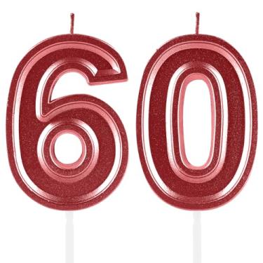 Imagem de Velas de aniversário de 60 anos, numerais vermelhos, 60 topper de bolo, decoração para meninas e meninos, tema de aniversário, festa de casamento, artigos de celebração