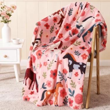 Imagem de HunnmingRe Cobertor de cavalo para meninas mulheres flores rosa floral flanela manta 101 x 127 cm rosa macio grosso cobertor de cavalo bonito para crianças adultos aniversário cama sofá decoração