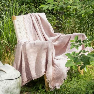 Imagem de MooMee Cobertor de musselina - Cobertor de gaze 100% algodão de 4 camadas com franja em toda a volta, ultramacia, respirável, leve, refrescante para sofá de cama (rosa acinzentado, GG 127 cm x 178 cm)