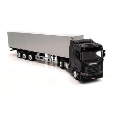 Imagem de Miniatura S c a n i a de Caminhão com Reboque Modelo em Escala, Preto e Prata, Veículo de Brinquedo