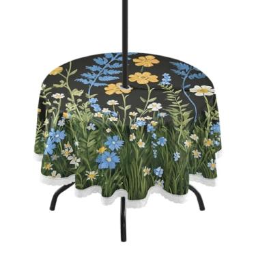Imagem de CEBUGI Toalha de mesa redonda para uso ao ar livre, flores silvestres, impermeável, com furo Umberlla, capa de mesa lavável para pátio, cozinha, sala de jantar, 152 cm