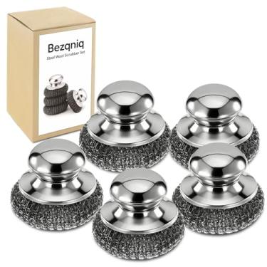 Imagem de 5 peças de esfregão de lã de aço com alça, esfregão de aço inoxidável para esfregão de ferro fundido e esfregador de panelas, almofadas de lã de aço com alça para ferro fundido de cozinha, panelas de