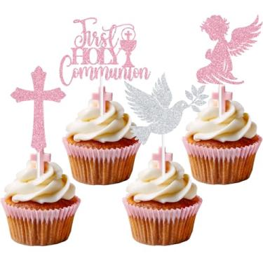 Imagem de 16PCS Glitter First Goly Communion Cupcake Toppers, God Bless Cross Dove Decor, Baptism Baby Shower Christening Party Decorations Supplies(Pink)