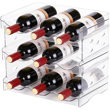 Imagem de Baosia Rack de vinho empilhável, suporte de garrafa de vinho para armário interno, despensa, geladeira, organização de bancada - 3 camadas para 9 garrafas