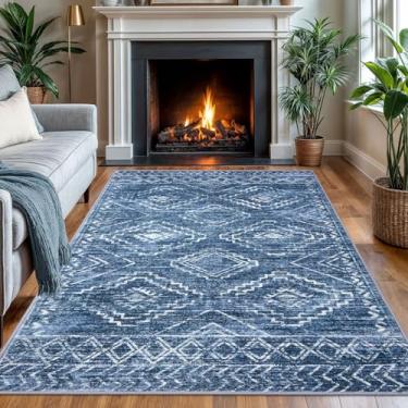 Imagem de KILOCOCO Tapete de área de 1,2 m x 1,8 m Tapete de entrada, lavável, antiderrapante, estampado, boho, baixo pilha, borracha, azul, macio para cozinha, sala de estar, jantar, tapete marroquino