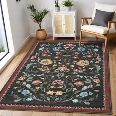 Imagem de Tapete lavável, tapetes de área de 10 x 15 cm para sala de estar, tapete floral para quarto, macio boho antiderrapante com parte traseira de borracha, tapete floral vintage resistente a manchas de