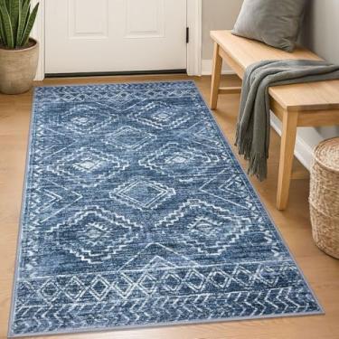 Imagem de KILOCOCO Tapete de entrada Boho 7,5 x 12,5 cm, lavável, antiderrapante, estampado, macio para cozinha, sala de estar, sala de jantar, quarto, tapete marroquino geométrico, azul