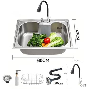 Imagem de Cuba Cozinha Gourmet Pia Aço 304 Inox Acessórios e tubo de descarga Embutir 50/60 x40 x 21 cm (60 * 42 * 21CM+PretoTorneira)