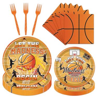 Imagem de Rakuto Decoração de festa de basquete de março, utensílios de mesa, 96 peças, Let the Madnes Begin, pratos de papel descartáveis, decoração de guardanapos, tema esportivo de bola, garfos de