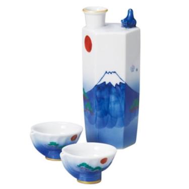 Imagem de Conjunto de saquê Mt.Fuji sakura conjunto de 3 peças de copos de saquê japoneses tradicionais design pintado à mão porcelana cerâmica soju copos de saquê presentes (garrafa de saquê 220 ml, copo de