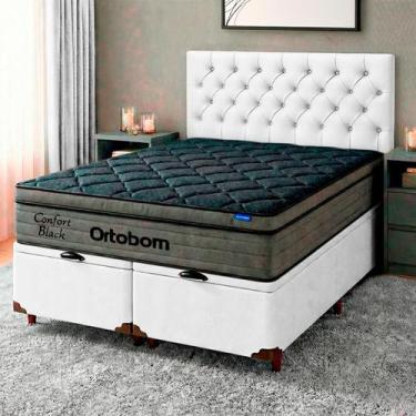 Imagem de Cama Box Bau Branco + Cabeceira + Colchão Queen Confort Black Ortobom