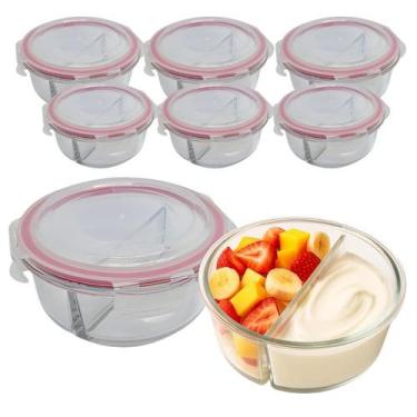 Imagem de Kit 6 Pote De Vidro Tampa Hermético Redondo Com Divisória Marmita Fit 