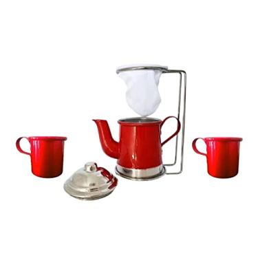 Imagem de Analeni Mini Bule Suporte Coador Filtro de Cafe e 2 Canecas 160ml - Kit de Cafe - Vermelho - 250 ml