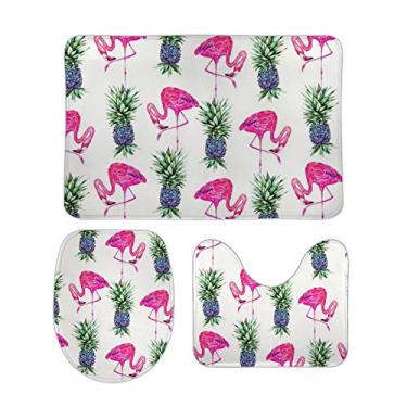 Imagem de Conjunto de tapetes e tapetes de banheiro com 3 peças de abacaxis tropicais, flamingos rosa, tapete de banheiro de espuma viscoelástica, lavável, antiderrapante, tapete e tampa para banheiro