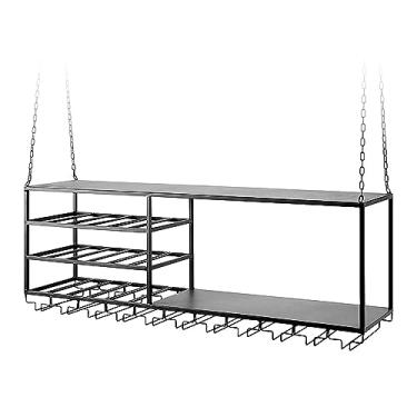 Imagem de Rack de vinho suspenso com suporte de vidro e prateleira, prateleira de montagem no teto, suporte de garrafa de vinho de metal industrial, rack de exibição de armazenamento para decoração de cozinha