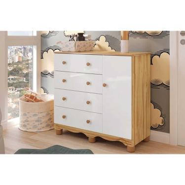 Imagem de Cômoda Bebê Junior c/ 1 Porta e 4 Gavetas Branco/Amêndoa - Peroba