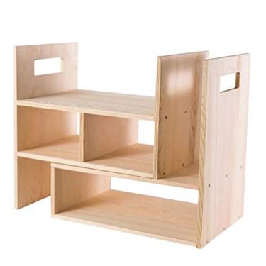 Imagem de KIZQYN Estante de livros de mesa de madeira ajustável organizador de armazenamento de mesa prateleira de exibição material de escritório organizador de mesa de camada dupla estante