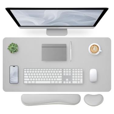 Imagem de Bloss Almofada de mesa de couro e descanso de pulso para teclado, mouse pad grande + teclado + suporte de pulso para mouse, protetor de mesa antiderrapante para escritório, casa (90 x 40 cm, cinza