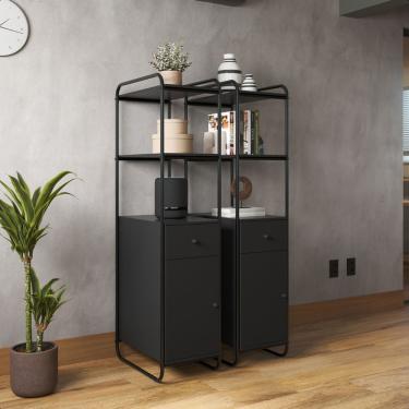 Imagem de Estante Armário Metal Moderna Com Prateleiras Em Madeira Criare Preto