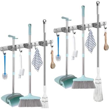 Imagem de Suporte de Parede para Vassouras e Rodos em Aço Inoxidável – Organizador com 3 Posições e 4 Ganchos, À Prova d’Água e Ferrugem, Porta Vassouras para Cozinha, Lavanderia e Jardim – Cinza 38 cm