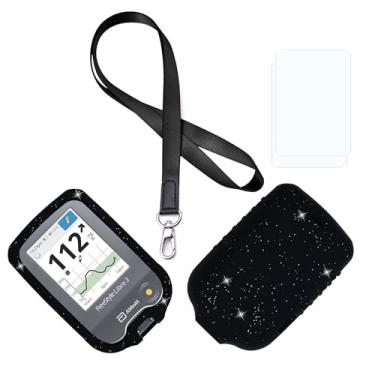 Imagem de Capa de silicone de cor mista premium (cordão + protetor de tela TPU) para Freestyle Libre 3 e Freestyle Libre 2 (Glitter/Preto)