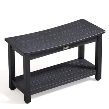 Imagem de Banco de chuveiro impermeável de 76 cm, banco de chuveiro de madeira para barbear as pernas, assento de plástico HDPS, antiderrapante e sem manutenção, preto, capacidade de peso 317,5 kg (30 x 13