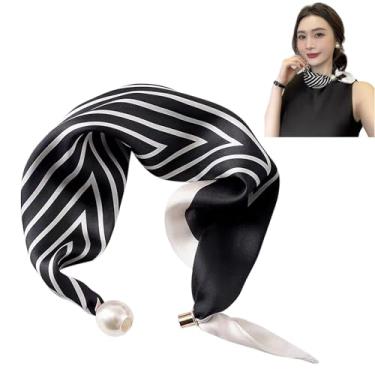 Imagem de MIUPOO Lenço de pérola magnética, lenços de cetim para mulheres, cachecol com estampa clássica, gravata elegante, cachecóis de bandanas de cabelo, 1 peça., Preto, 1 Count (Pack of 1)