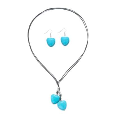 Imagem de HWJQ Conjunto de colar e brincos de coração turquesa colar de coração grosso colar Y turquesa corações pendentes brincos pendentes para mulheres joias ocidentais, Middle, Resina, Sem Pedra Preciosa
