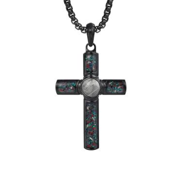 Imagem de GTMJ Colar masculino com cruz malaquita/turquesa, corrente ajustável com pingente de pedra natural, colar de cruz religiosa (malaquita e cascalho), Medium, Meteorito, Sem Pedra Preciosa